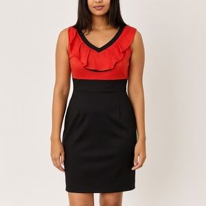 Max and Cleo Size 8 Satin Cocktail Dress Red Black Ruffle Front NWT